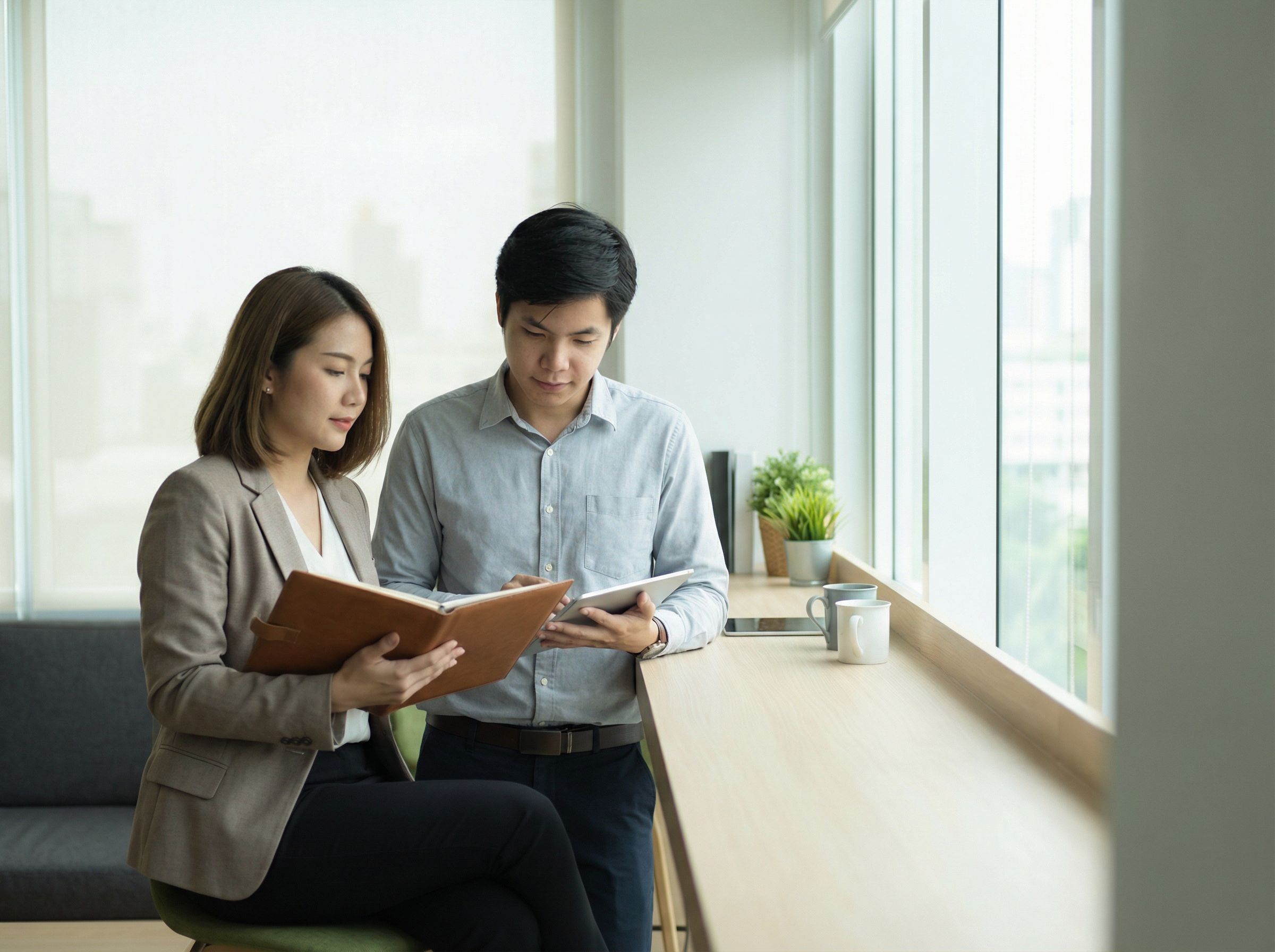 Two professional women discuss and strategize on business development in a modern office setting.