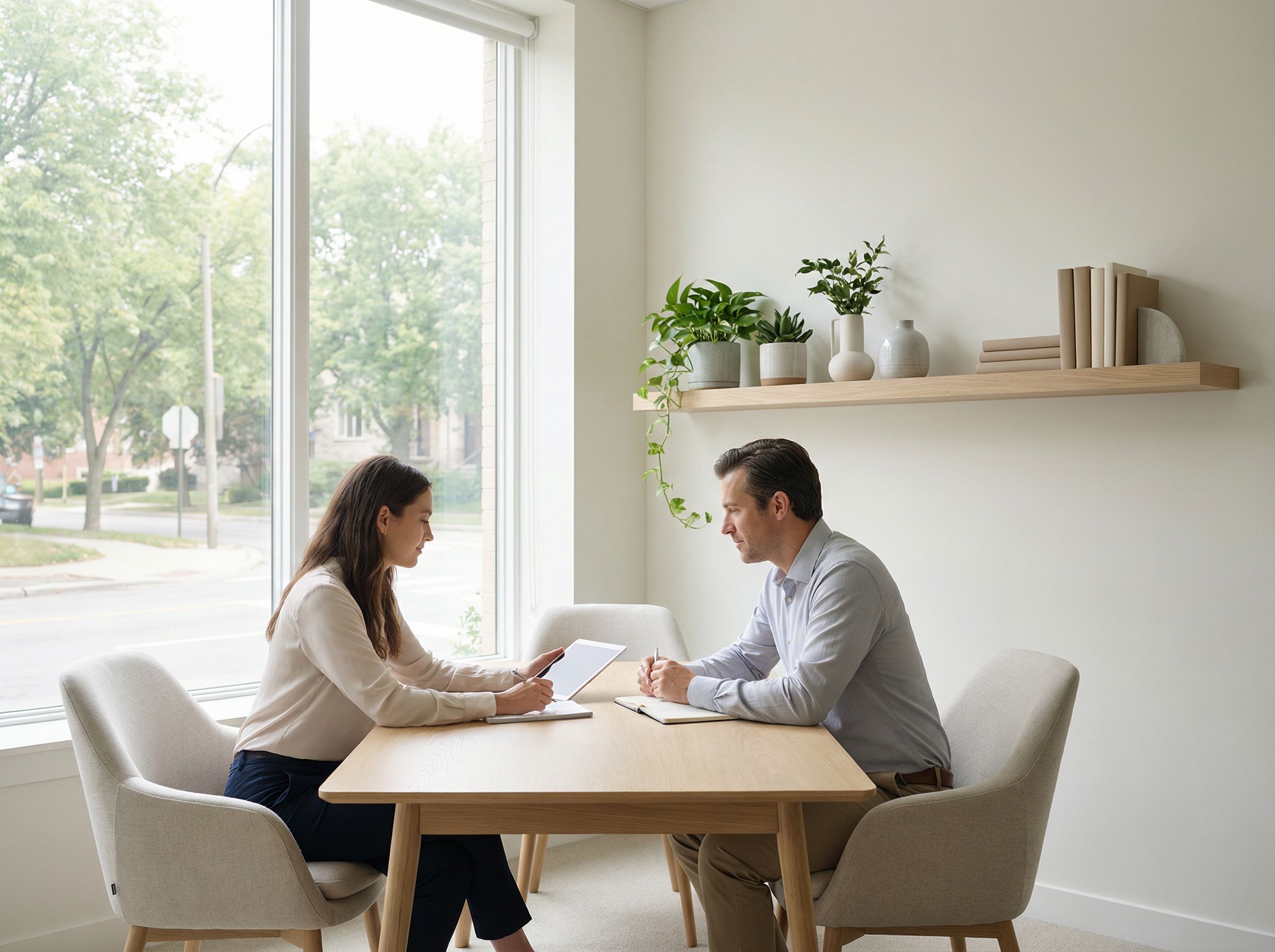 Business professionals brainstorming and collaborating during a team meeting in a modern conference room.